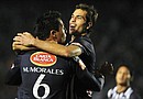 Jugadores de Monterrey festejan una anotación ante Pumas, durante el partido de ida de la semifinal de la Liga de Campeones de la CONCACAF celebrado en el estadio Tecnológico de Monterrey (México)