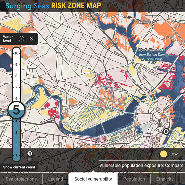 7300 personas en East Boston están en riesgo de inundaciones. De ellas, casi 4000 son latinos. Cerca de 3.000 inmuebles están ubicados en la zona roja, valorados en 840 millones de dólares. Datos: Clima Central