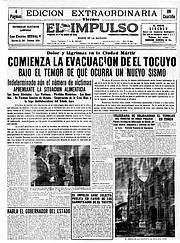 Primera plana del diario El Impulso, en el que se reseña el desastre telúrico