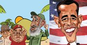 TRIO. Caricatura de Gogue de Raúl Castro, Hugo Chávez y Fidel. ROSTRO. De Barack Obama.