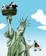Caricatura de Gogue representando la llegada de los vinos de la bodega Albamar a Nueva York.