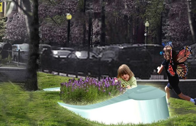 Light Well: Sirve como un objeto de arte, un asiento, una jardinera, una lámpara y un pozo seco con vegetación para la infiltración del agua de lluvia.