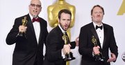 Roy Conti, Chris Williams and Don Hall pose with their Academy Award for Best Animated Feature Film for 'Big Hero 6'