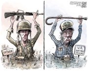 Esta caricatura editorial del 14 de mayo de 2014 realizada por el caricaturista Adam Zyglis, de Buffalo News, y poporcionada por la Universidad de Columbia, es una de 20 caricaturas editoriales por las que Zyglis obtuvo el premio Pulitzer 2015 a Caricatura Editorial.