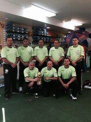Algunos de los árbitros de la asociación luciendo sus nuevos uniformes de la marca Joma, que encargaron en la tienda Campeón Soccer ubicada en 285 Broadway, Chelsea.