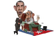 El presidente de Estados Unidos, Barack Obama, y el expresidente cubano, Fidel Castro, en caricatura de Gogue para El Tiempo Latino.