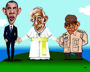 Caricatura de GOGUE sobre el papel del Papa Francisco en el acercamiento entre el presidente de Estados Uidos, Barack Obama, y el presidente cubano, Raúl Castro.