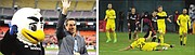 El ex capitán del equipo John Harkes, quien recibió un homenaje, junto a la mascota Talon (izq.).