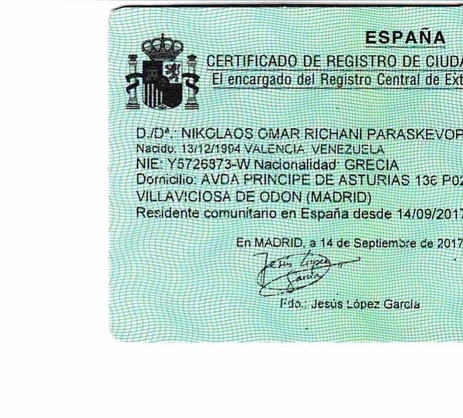 La identificación Nicolaos Omar Richani Paraskevopulos.