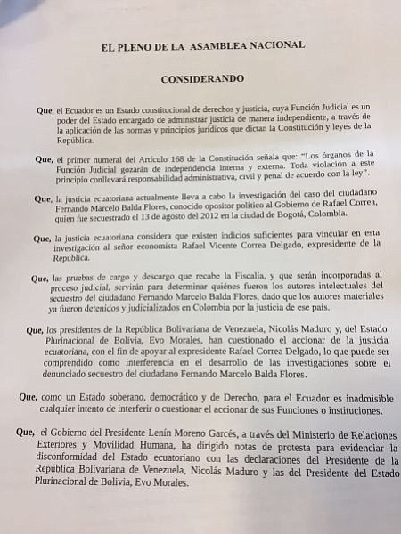 ECUADOR. Acuerdo aprobado por la Asamblea Nacional ecuatoriano 