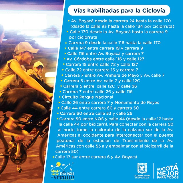 COLOMBIA. Itinerario de la ciclovía nocturna en Bogotá 