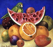 Still Life [with parrot and fruit]. Frida Kahlo (Mexican, 1907–1954). 1951. Oil on masonite. Nickolas Muray Collection of Modern Mexican Art, Harry Ransom Center, The University of Texas at Austin. © 2018 Banco de México Diego Rivera Frida Kahlo Museums Trust, Mexico, D.F. /Artists Rights Society (ARS), New York.