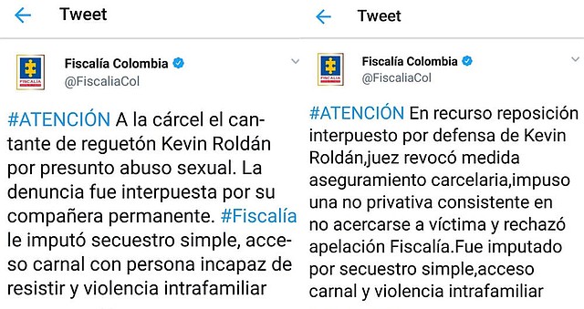 COLOMBIA. Captura de la publicación de la Fiscalía