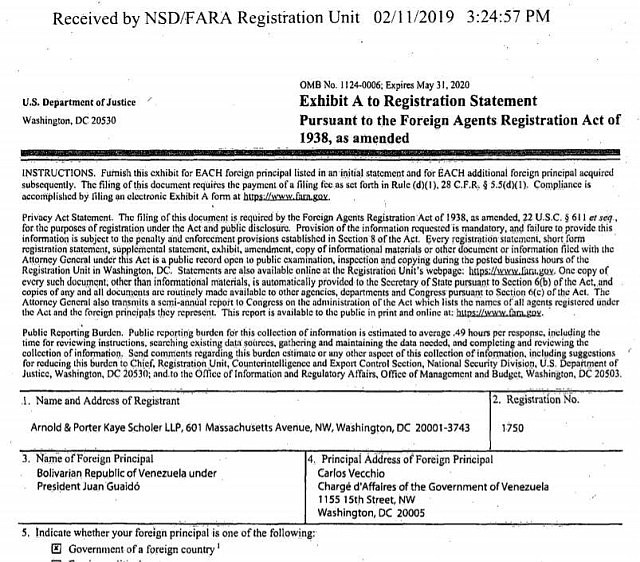 Registro en el Departamento de Justicia de EEUU del bufete Arnold Porter como representante del gobierno interino de Venezuela en EEUU