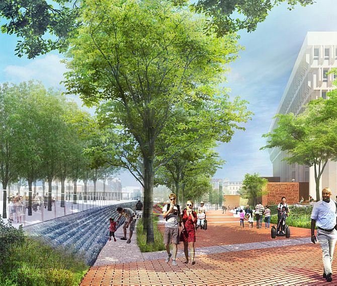 El Hanover Promenade en la plaza del City Hall, bordeado de árboles. (Ilustración de Sasaki)