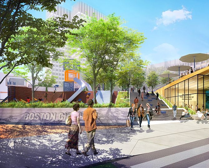 El Congress Street Civic Pavilion y el nuevo Adventure Playslope. (Ilustración de Sasaki)