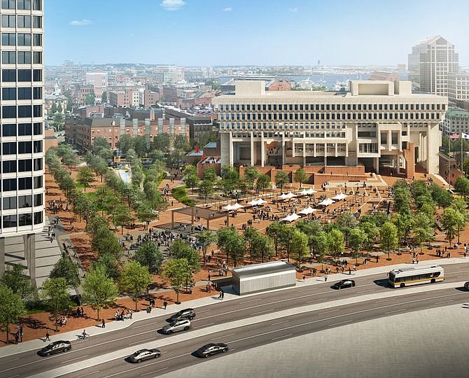 Vista de la plaza del City Hall con vista a la Cambridge St. (Ilustración de Sasaki)
