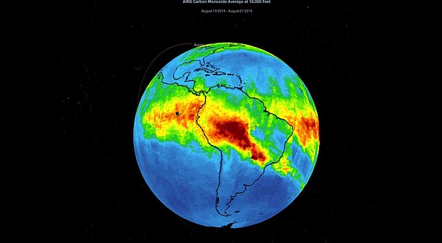 MUNDO. Fotograma de animación cedido por la NASA que muestra el monóxido de carbono asociado con incendios de la región amazónica en Brasil, entre el 8 al 22 de agosto de 2019. | Foto cortesía/Efe.