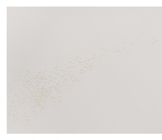 Rachel Perry, Halos, 2018. Works on paper, brail punch, gold leaf, and graphite on paper. Image courtesy of Yancey Richardson.