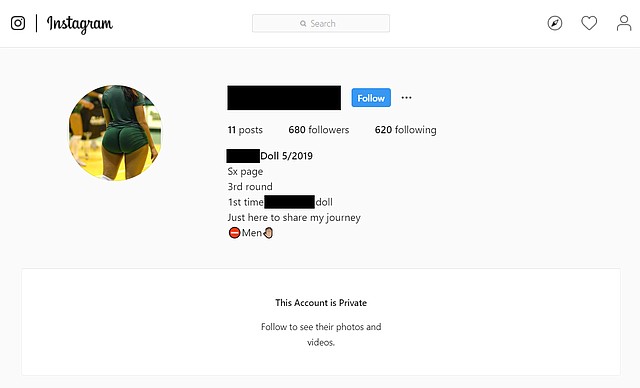 Las “páginas Sx” de Instagram son en su mayoría privadas y anónimas y siguen estrictas reglas para mantenerse de esa manera, especialmente porque algunas muestran desnudos. (nota: esta captura de pantalla se editó en Photoshop para cubrir información que identificara a la paciente) (Captura de pantalla tomada por KHN el 28 de agosto de 2019)