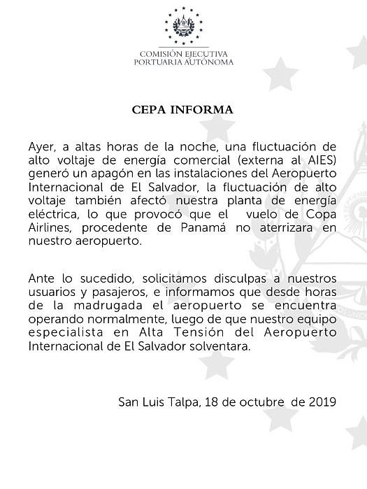 EL SALVADOR. Comunicado de la Comisión Ejecutiva Portuaria Autónoma CEPA