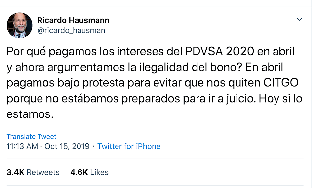 Tweet del Dr. Ricardo Hausman (15 de octubre de 2019, 8:13 am).