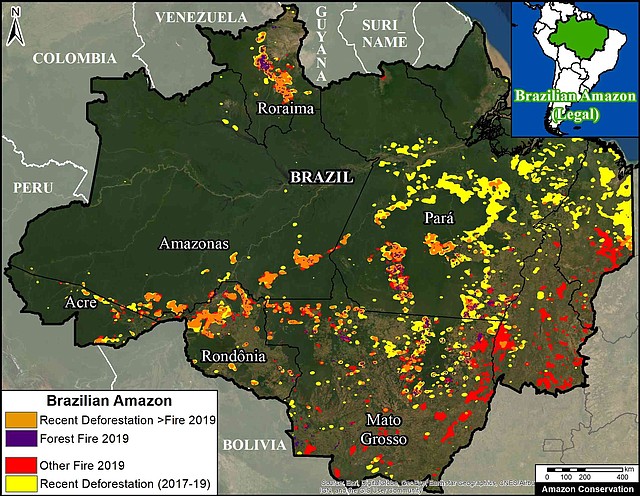 Las manchas amarillas indican la deforestación en Brasil entre 2017 y 2019. Las moradas son los bosques primarios que desaparecieron por el fuego. Mapa: MAAP.