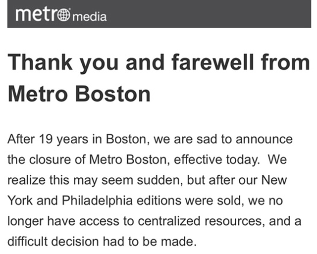 BOSTON. Captura de la publicación de despedida del periódico