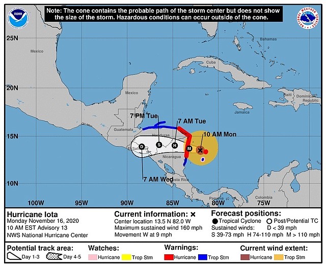 CLIMA. Pronóstico de tres días de la trayectoria del huracán Iota sobre Centroamérica. | Foto: Efe.
