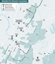 Mapa con las ubicaciones proyectadas por la Ciudad de Austin para solicitar los fondos federales destinados a la seguridad vial.